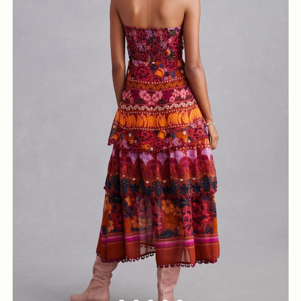 Farm Rio X Anthropologie Tiered Midi/Maxi Dress Strapeless Ruffle Pink Combo NWT - Picture 3 of 15